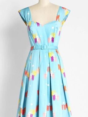 Modcloth Light Blue Fit-and-Flare Midi Dress with Multicolor Bear Print